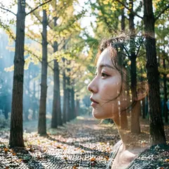 Qwen Image 2.0 — A double exposure photograph combining a forest wi