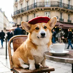 Qwen Image 2.0 — A corgi wearing a red beret sitting in a Parisian 