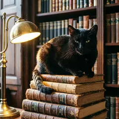 Qwen Image 2.0 — A black cat sitting on a stack of old books in a c