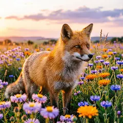 Qwen Image 2.0 — A fox in a field of wildflowers, backlit by sunset