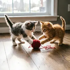 Qwen Image 2.0 — Two kittens playing with a ball of red yarn on a h