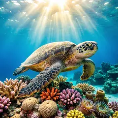 Qwen Image 2.0 — A giant sea turtle swimming over a coral reef, und
