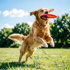 Qwen Image 2.0 — A golden retriever catching a frisbee in mid-air a