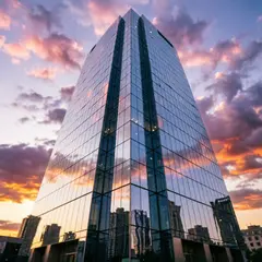 Qwen Image 2.0 — A modern glass skyscraper reflecting clouds at sun