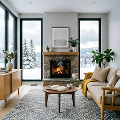 Qwen Image 2.0 — A cozy Scandinavian living room with a fireplace, 