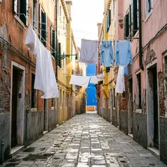 Qwen Image 2.0 — A narrow cobblestone alley in Venice with colorful