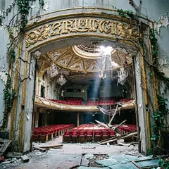 Qwen Image 2.0 — An abandoned Art Deco theater with peeling gold pa