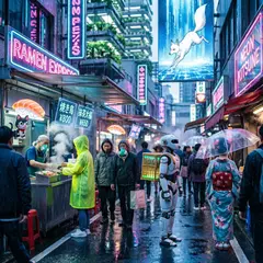 Qwen Image 2.0 — A cyberpunk street market in Tokyo, anime style, n