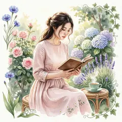Qwen Image 2.0 — A woman reading a book in a garden, watercolor pai