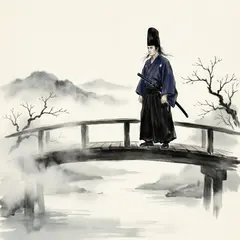 Qwen Image 2.0 — A lone samurai standing on a misty bridge, ukiyo-e