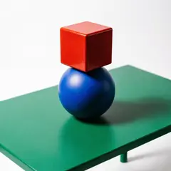 Qwen Image 2.0 — A red cube on top of a blue sphere, both sitting o