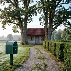 Qwen Image 2.0 — A small house between two tall trees, with a path 