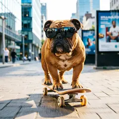 Qwen Image 2.0 — A dog wearing sunglasses riding a skateboard down 