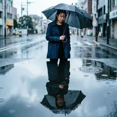 Qwen Image 2.0 — A woman holding an umbrella in the rain, reflected