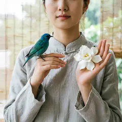 Qwen Image 2.0 — A bird perched on the left hand of a person, the r