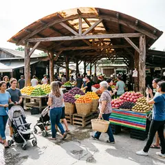 Qwen Image 2.0 — A busy farmer's market scene with at least six dif