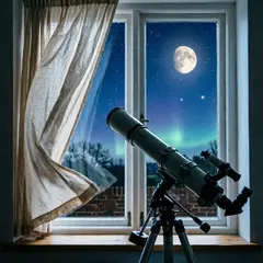Qwen Image 2.0 — A telescope pointing at the moon through an open w