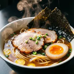 Qwen Image 2.0 — A steaming bowl of ramen with chashu pork, soft-bo