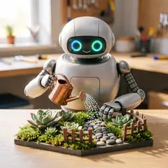 Qwen Image 2.0 — A 3D render of a cute robot watering plants in a m