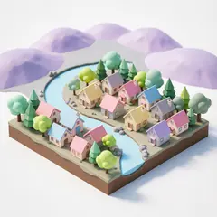 Qwen Image 2.0 — An isometric low-poly village with tiny houses, tr