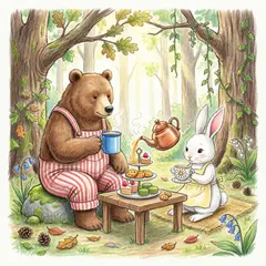 Qwen Image 2.0 — A children's book illustration of a bear and a rab