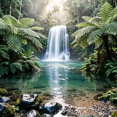 Qwen Image 2.0 — A waterfall cascading into a tropical pool surroun