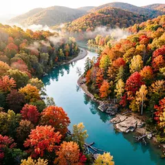 Qwen Image 2.0 — An aerial view of a winding river through autumn f