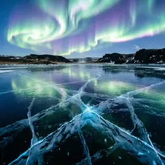 Qwen Image 2.0 — A frozen lake with cracks in the ice, Northern Lig