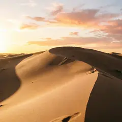 Qwen Image 2.0 — A desert sand dune at sunset with long shadows, Sa
