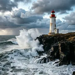 Qwen Image 2.0 — A coastal cliff with crashing waves below, lightho
