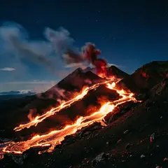 Qwen Image 2.0 — A volcano erupting at night with lava flowing down