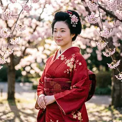 Qwen Image 2.0 — A Japanese woman in a red kimono standing under ch