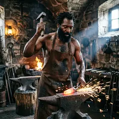 Qwen Image 2.0 — A bearded blacksmith in a dark workshop, sparks fl