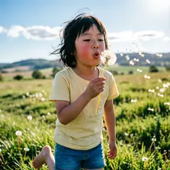 Qwen Image 2.0 — A child blowing dandelion seeds in a sunlit meadow