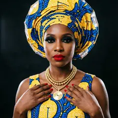 Qwen Image 2.0 — A woman with elaborate gele headwrap and bold eye 