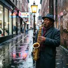 Qwen Image 2.0 — A street musician playing saxophone under a lamppo