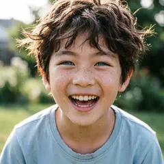 Qwen Image 2.0 — A freckled boy with bright blue eyes and messy hai