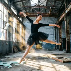 Qwen Image 2.0 — A ballet dancer mid-leap in an abandoned warehouse