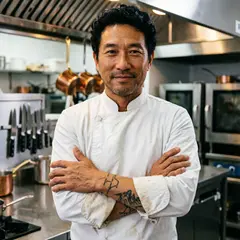 Qwen Image 2.0 — A tattooed chef in a white coat, arms crossed, con
