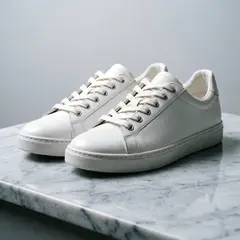 Qwen Image 2.0 — A pair of white leather sneakers on a marble count