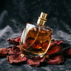 Qwen Image 2.0 — A bottle of amber perfume on a bed of dried roses,