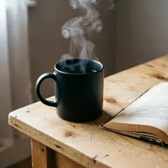 Qwen Image 2.0 — A matte black coffee mug with steam rising, placed