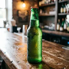 Qwen Image 2.0 — A green glass bottle of craft beer with condensati