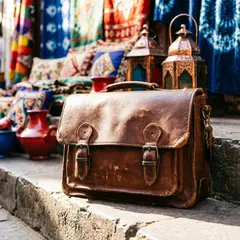 Qwen Image 2.0 — A leather messenger bag on a sun-dappled step in a