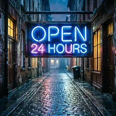 Qwen Image 2.0 — A glowing neon sign reading OPEN 24 HOURS in a dar