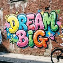 Qwen Image 2.0 — A graffiti mural on a brick wall spelling DREAM BI