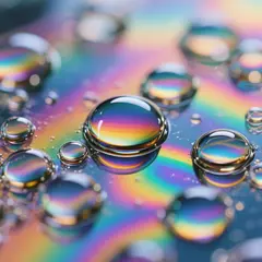 Qwen Image — A macro photograph of oil droplets on water, iride