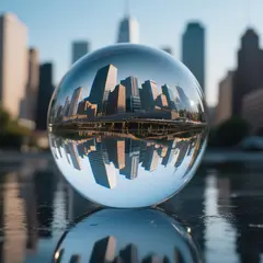 Qwen Image — A glass sphere refracting a distorted cityscape, s