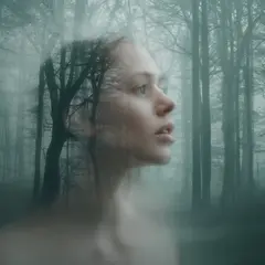 Qwen Image — A double exposure photograph combining a forest wi
