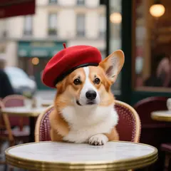 Qwen Image — A corgi wearing a red beret sitting in a Parisian 